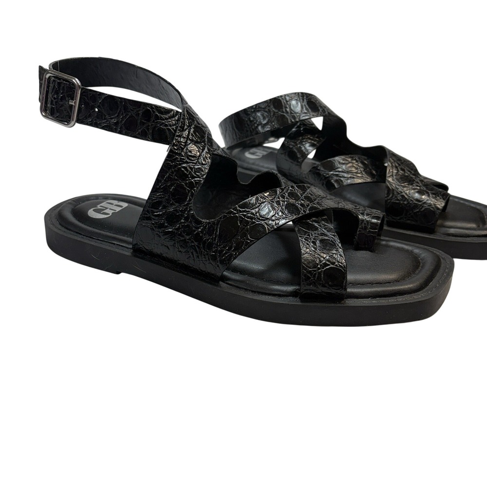 Gianni Bini Back-Stage Black Croc Embossed Leather Toe Ring Flat Sandals Size 8 - Picture 2 of 7